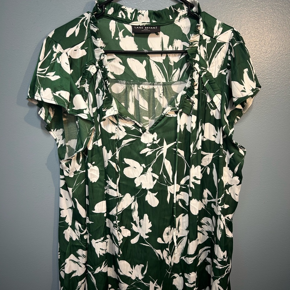 Lane Bryant Green and White Floral Blouse